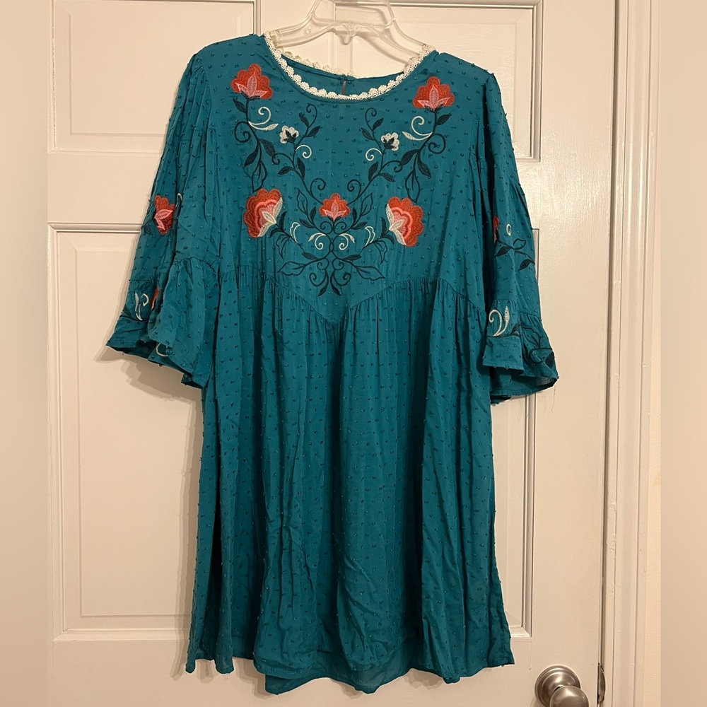 Teal Embroidered Swiss Dot Umgee Mini Dress